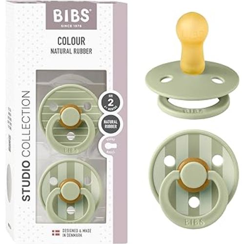 BIBS Pacifiers - Studio 2 Pack | Round Nipple Baby Pacifier | BPA Free Natural Rubber Latex Soother | Made in Denmark | Size 6+ Months | Pin Sage