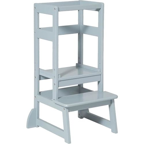 SDADI Kitchen Step Stool for Toddlers and Kids Ages 18 Months to 3 Years Old with Adjustable Height and Solid Wood Railings, Gray