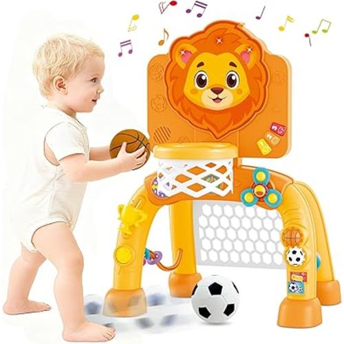 2 in 1 Basketball Hoop and Soccer Goal Set, Toddler Sports Toy for Indoor Outdoor Play, Perfect Christmas Birthday Gift for Baby Boys and Girls 1 2 3 Year Old，Lion Theme