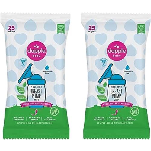 Breast Pump Wipes by Dapple Baby, Hypoallergenic & Powered by Plants, Removes Milk Residue, Leaves No Taste, Convenient Wipes Pouch, Fragrance Free, 25 Count (Pack of 2)