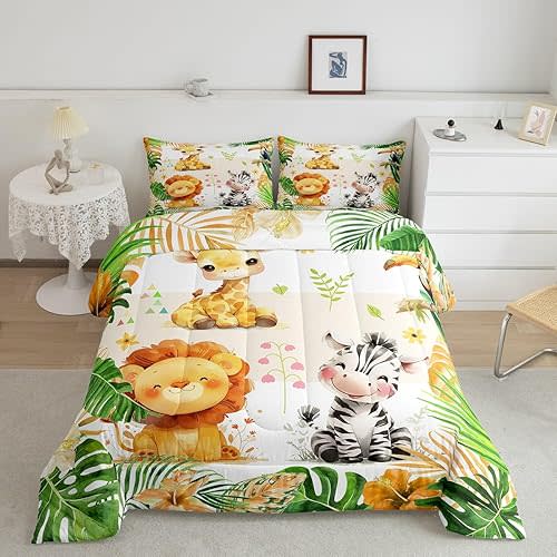 jejeloiu Kids Zoo Animal Bedding Set Twin Size Cute Animal Comforter Set for Boys Girls Teens Lion Giraffe Elephant Duvet Set Tropical Leaves Quilt Set 2Pcs