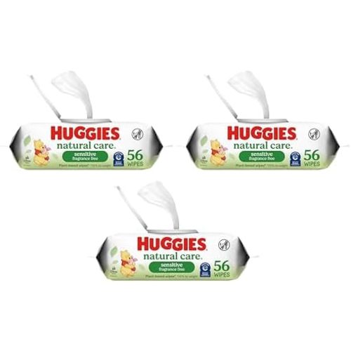 Huggies Natural Care Sensitive Baby Wipes, Unscented, Hypoallergenic, 99% Purified Water, 1 Flip-Top Pack (56 Wipes Total) (Pack of 3)