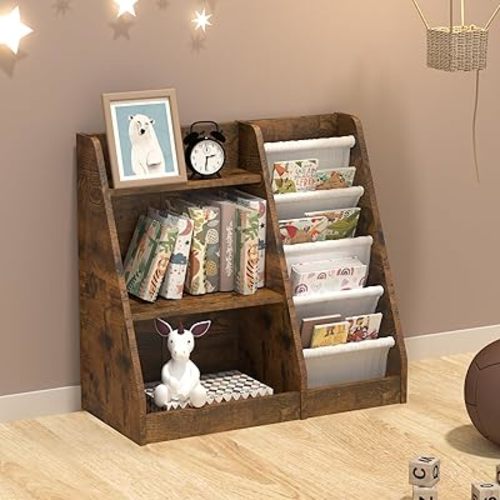 3 Tier Kid Bookshelf Wooden 4 Sling Children Bookcase Adjustable Toddler Book Rack Display Toy Storage Organizer Book Display Shelf Stand Classroom Bedroom Nursery Playroom,25 inch(Rustic)