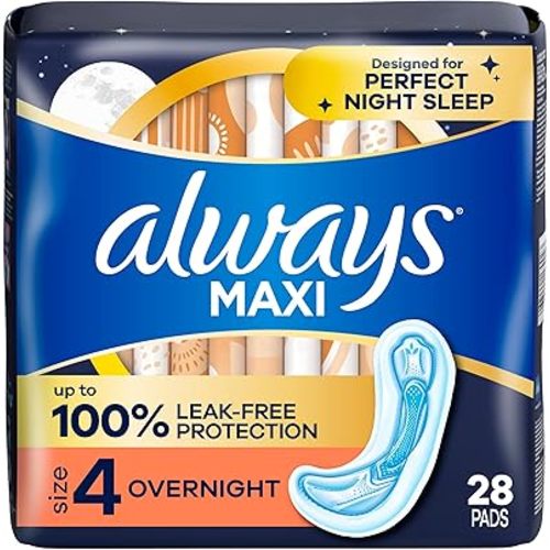 Always Maxi Feminine Pads for Women, Size 4 Overnight Absorbency, Without Wings, Unscented, 28 Count