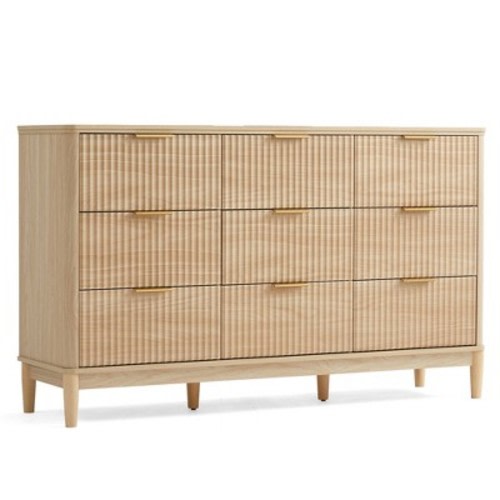 LINSY HOME Fluted 9 Drawer Dresser for Bedroom, Mid Century Modern Large Chest of Drawers with Gold Metal Handles, Wide Boho Wood Dressers, Oak