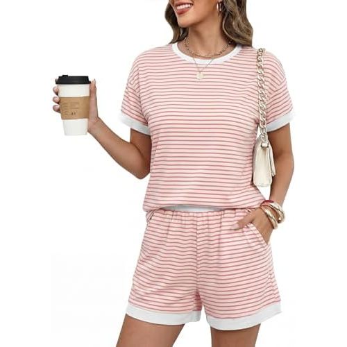 Blingfit Womens 2 Piece Lounge Set Short Sleeve Summer Vacation Outfits Casual Matching Sets Soft Shorts with Pockets