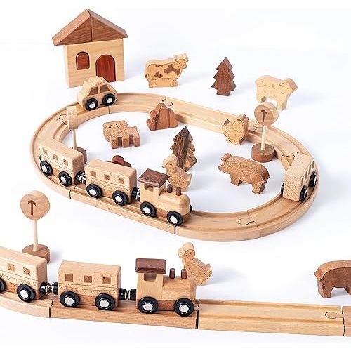 Miosea 32PCS Wooden Train Set for Toddlers - 10.6 x 8.66 Inch Compact Size, Double-Side Tracks, Expandable Montessori Toys Compatible with, Educational Fine Motor Skills Toy for 3+ Year Old Boys Girls