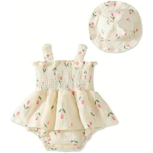 Baby Girl Clothes Romper Dress Cotton Linen Sleeveless Smocked Rompers Sun Dress with Hat Boho Summer Outfits