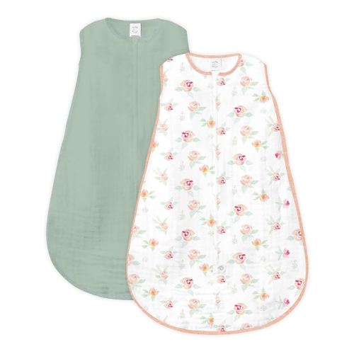 SwaddleDesigns Baby Sleep Sack 12-18 months, Cotton Muslin Wearable Blanket with 2-way Zipper, Non-Weighted Sleeping Sack for Safer Sleep, Watercolor Peachy Pink Floral and Jadeite, 2 Pack, Large