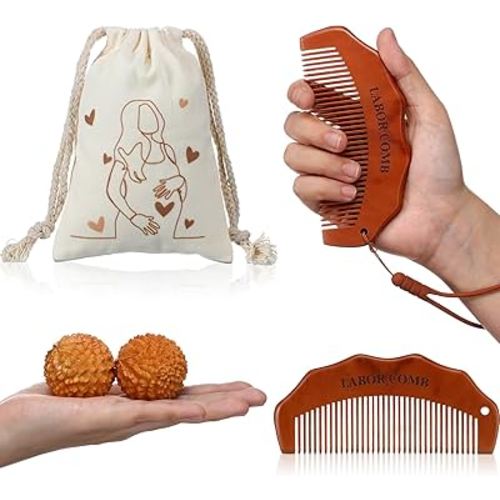 4 Pcs Birthing Comb Gifts Set Includes Wooden Labor Comb Acupressure Massage Ball Canvas Bag for Pregnant Women Labor Pain Relief Essentials New Mom Positive Encouragement Gifts