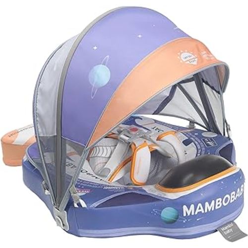 Mambobaby Float Upgrade Add Tail Baby Float with Canopy for Infant Waist Swimming Ring Swim Trainer Non-Inflatable Floats Toys with Adjustable Safety Strap (Blue - Astronauts)
