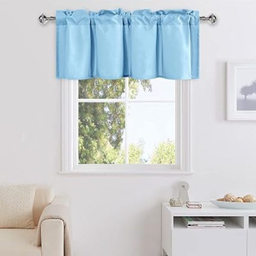 DWCN Kitchen Valance Curtains Short Topper, Basement Curtain Valance 12 Inch Length, Room Darkening Valance for Living Room - 1 Panel, 42 X 12 Inch, Sky Blue