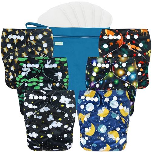 wegreeco Cloth Diapers 6 Pack with 6 Inserts & 1 Wet Bag, Washable Cloth Diapers for Babies, One Size Adjustable Reusable (Starry Sky)