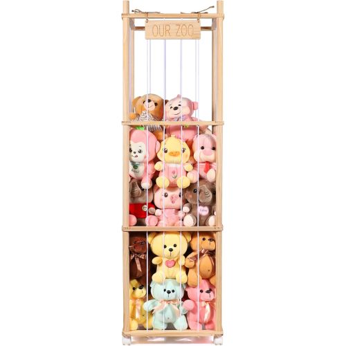 Stuffed Animal Storage & Organizer, Wooden Stuffed Animal Zoo, Large Toy Storage Organizer & Holder, Plush Toy Display Tower Shelf with Wheels for Toddler Rooms, Playrooms & Kids Bedrooms