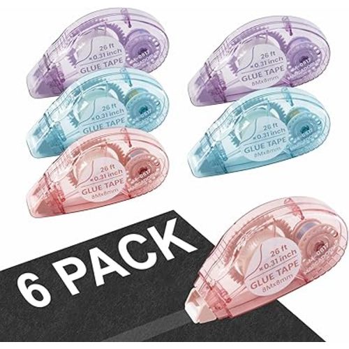 Double Sided Tape for Crafts, Pack of 6 Glue Tape Roller, 26 Ft x 0.31 in Scrapbook Tape, Tape Runner for Scrapbooking Supplies, Office, School, Craft Supplies and Journaling Supplies.