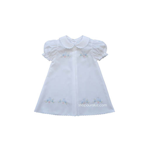 Auraluz Baby Dress...White with blue scallop trim and embroidered bird – AURALUZ