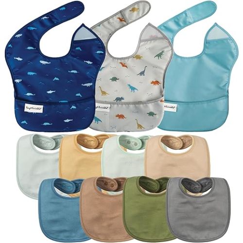 Tiny Twinkle Mess-proof Easy Bibs 3 Pack and Baby Feeding BIbs 8 Pack Bundle