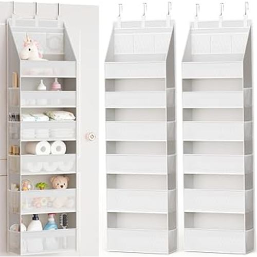 Criusia 2 Pack Over the Door Organizer, Heavy-Duty 6-Shelf Hanging Storage with 13 Mesh Pockets, 55lbs Capacity Behind the Door Storage for Nursery, Bathroom, Bedroom, and Dorm, White