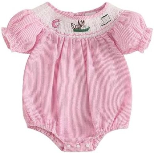 Bagilaanoe Newborn Girl Summer Outfit Infant Baby Girl Clothes Shrimp Smocked Short Sleeve Romper Bubble Bodysuit