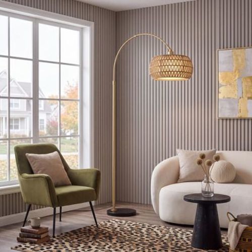GDFStudio Cadley Modern Adjustable Arc Floor Lamp with Rattan and Fabric Dual Shades, Brown/Gold