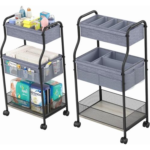 3-Tier Baby Diaper Caddy Organizer and Storage Cart, Mobile Metal Utility Cart with Rolling Wheels for Nursery Essentials with 4+2 Dividers, Large Capacity Rolling Cart For Kitchen, Bathroom, Office