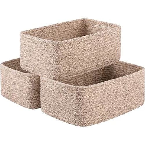 3 Pack Small Storage Baskets for Organizing, Cute Woven Decorative Gift Baskets for Shelves, Mini Closet Organizer Bins with Handles, 11.81''Lx7.87''Wx4.72''H-Brown