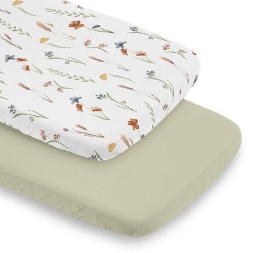 Sweet Jojo Designs Girl Baby Bassinet Fitted Sheets Set Watercolor Floral Garden Green Orange and Beige 2pc