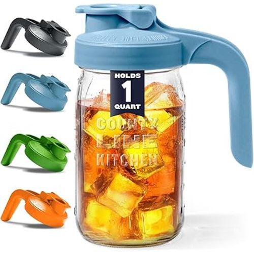 County Line Kitchen Glass Mason Jar Pitcher with Lid - Wide Mouth, 1 Quart (32 oz) - Heavy Duty, Leak Proof - Sun & Iced Tea Pitcher, Cold Brew Coffee, Breast Milk Storage, Water - Sky Blue