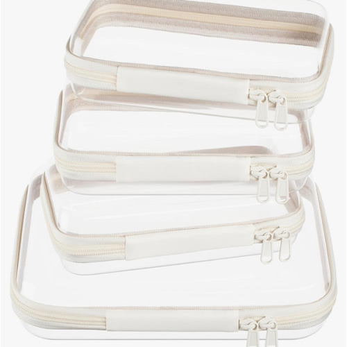 4 pcs Clear Zipper Pouches,Hard Shell Zipper Case, Toiletry Bag for Travel, CLear Diaper Bag, Toiletry Pouch, Travel Organizer, Cosmetic Bag,Toy Storage Bins (M+3S)(Ivory)