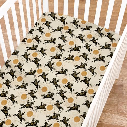 Western Cowboys Sun Fitted Baby Crib Sheets for Girl Boy 52"x28" Vintage Cowboy Horses Sunshine Soft Crib Mattress Covers Southwest Country Breathable Baby Sheet for Standard Crib and Toddler Mattress