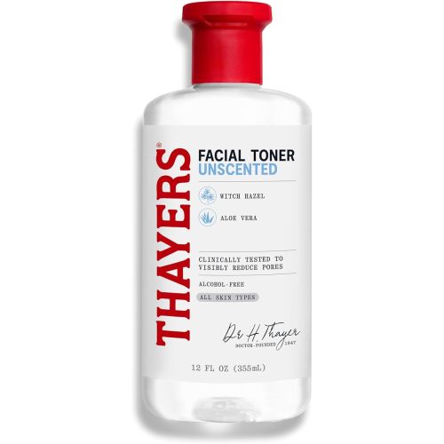 THAYERS Alcohol-Free, Hydrating, Unscented Witch Hazel Facial Toner with Aloe Vera Formula, Vegan, Dermatologist Tested and Recommended, 12 Oz (Packaging May Vary)
