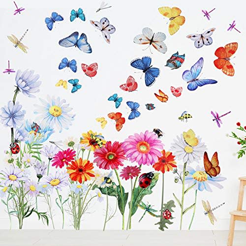 Zonon 64 Pcs Flowers Butterflies Wall Decals Chrysanthemums Dragonflies Wall Stickers Botanical Peel and Stick Art Removable PVC Garden Decal Murals for Nursery Bedroom Living Room Decor(Colorful)