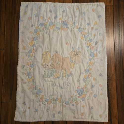 Vintage Precious Moments Quilt Pastel Boy Cow Mice Nursery Blanket 32x43 White
