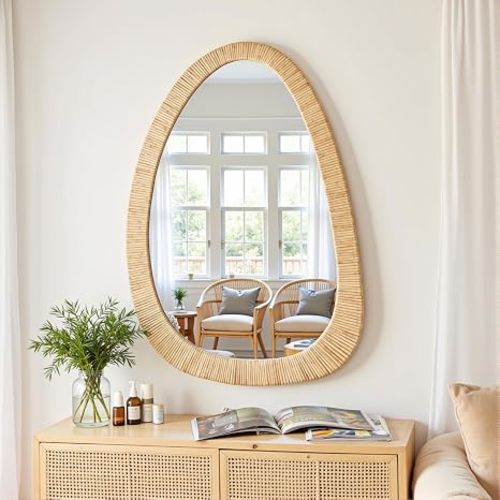 sawsile Rattan Mirror,30x20 Irregular Boho Bathroom Rattan Farmhouse Wicker Asymmetrical Wood Wall Mirror for Nursery,Bathroom,Living Room,Washroom