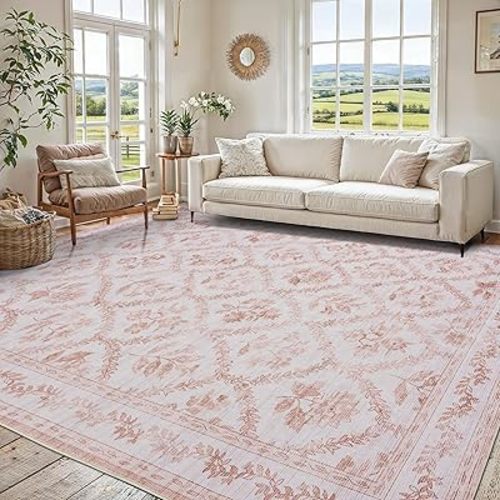 Pink and White Boho Living Room Rug 8x10 Area Rug for Bedroom Girls Women Floral Leaf Farmhouse Distressed Soft Carpet Washable Low Pile Non Slip Large Blush Pink Nursery 8 by 10 Ft