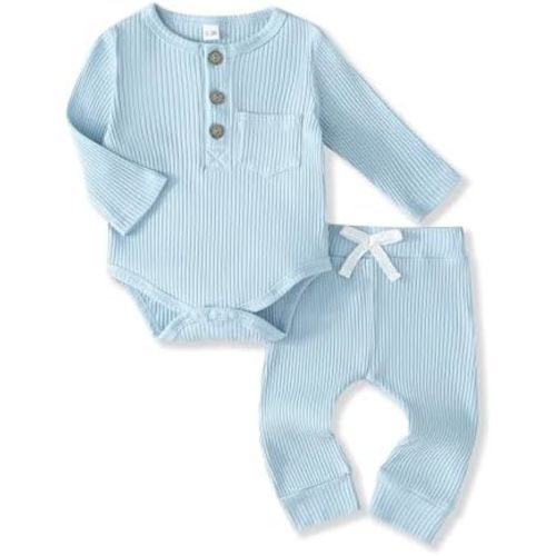 Newborn Baby Boy Girl Clothes Ribbed Knit Cotton Long Sleeve Romper Long Pant Preemie Solid Color Unisex Outfits