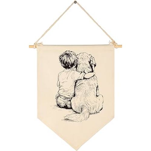 Dog Drawing-Canvas Banner Flag Pennant Poster Sign Wall Decor Gift for Baby Boy Kid Nursery Baby Room Bedroom Playroom Front Door Farmhouse Country-Birthday Christmas Gift-Boy and Goldendoodle
