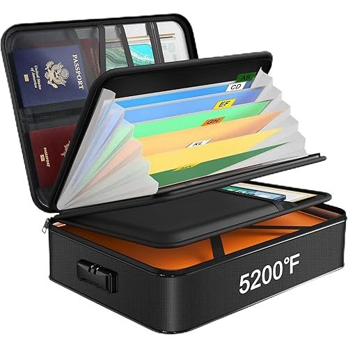 JUNDUN Document Organizer with 5200℉ Heat Insulated,Larger Size Fireproof Document Box with Accordian for Legal documents,Portable Safe Storage Box for Important Files and Birth Certificate（XL）