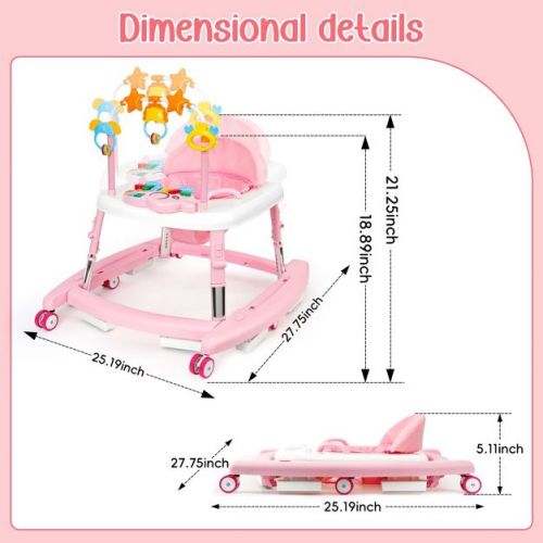 Kmaier 5-in-1 Music and Lights Baby Walker Foldable with 5 Adjustable Heights,Pink