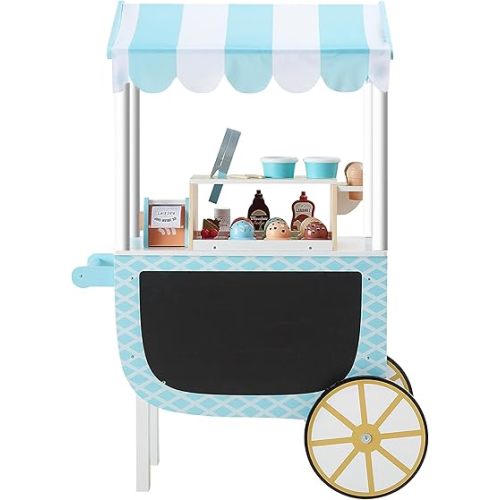 Teamson Kids My Little Helper Ice Cream Cart with Pretend Money, Colorful Magnetic Ice Cream Scoops and Chalkboard Panel, Blue/White