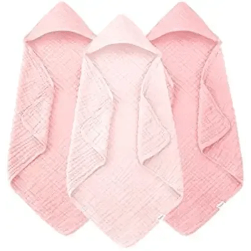 Muslin Hooded Baby Bath Towels - 3 Pack 100% Cotton Ultra-Soft Towels for Newborns, Infants, Toddlers - 32x32 Inch - Highly Absorbent, Quick-Dry Essentials for Bath Time, Beach, Pool, Pink Series