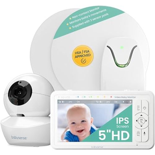 Babysense 5" HD Non WiFi Split-Screen Baby Monitor, Video Baby Monitor with 2 Cameras and Audio, Night Light, 1000ft Range, Two-Way Audio, 4X Zoom, Night Vision, 4000mAh Battery