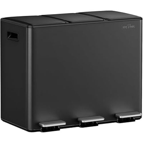 mVm 3 Compartment Trash Can, 12 Gal (3 x 4Gal) Triple Trash Can with Double Layer Lids, Modern Kitchen Office Garbage Can（Black）