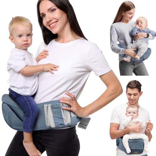 SNOOZYNEST Baby Hip Seat Carrier, Adjustable Waistband with 3D Abdominal Support & Various Pockets Ergonomic Carrier for Newborns to Toddlers up to 33 lbs Medium Haze Blue