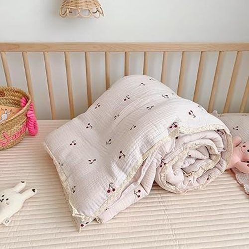BuLuTu 1 Piece Baby Toddler Muslin Quilt Blanket 47x59 Inches, Crib Comforter Cute Cherry Print Quilted Blankets for Boys Girls Toddler Comforter, Soft Breathable, Machine Wash