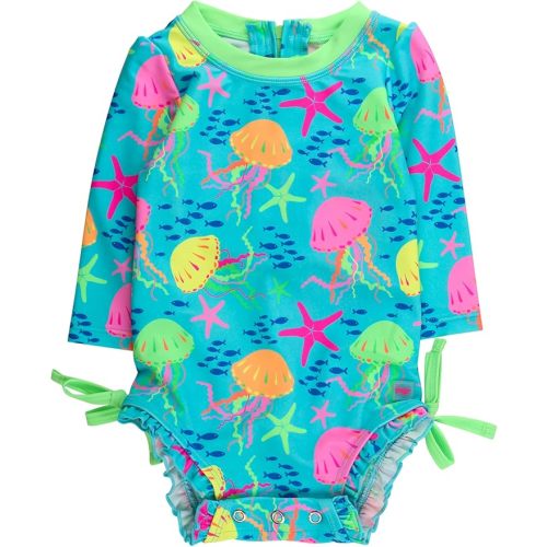 RuffleButts Baby Girls UPF 50+ Sun Protection Floral Printed Long Sleeve One Piece Rash Guard Swimsuit with Zipper