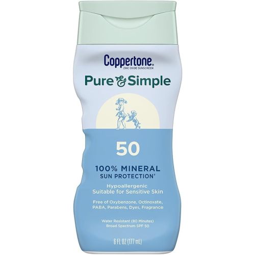 Coppertone Pure and Simple Zinc Oxide Mineral Sunscreen Lotion SPF 50, Water Resistant Sunscreen for Sensitive Skin, Hypoallergenic and Fragrance Free, 6 Fl Oz Bottle