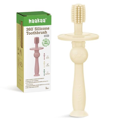 haakaa 360° Baby Toothbrush with Suction Base - Gentle Cleaning for Infant Self-Brushing Training, Food-Grade Silicone, Adjustable Safety Shield - Cream (1 Piece)