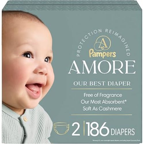 Pampers Amore, Size 2 (10-22 lbs), 186 Count, Our Best Diaper – Hypoallergenic & Fragrance Free, Up to 100% Leakproof, Soft as Cashmere