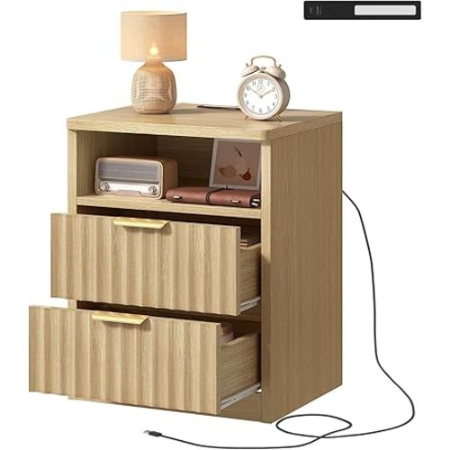 TEENFON Fluted Night Stand, Nighstand with Charging Station and LED Light, Modern Bed Side Table for Small Space, Storage Drawer and Open Shelf, for Bedroom, Natural